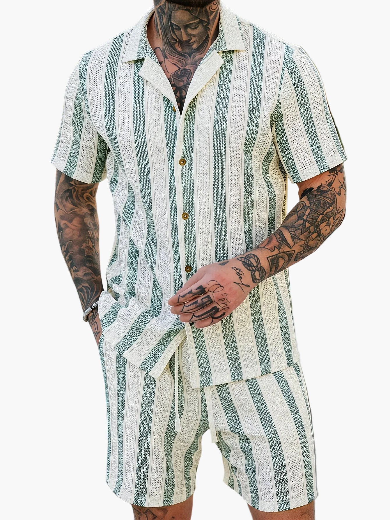 Herren Set Kurzarmhemd und Shorts im lässigen Streifen-Design für Sommer und Freizeit