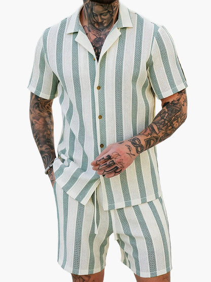 Herren Set Kurzarmhemd und Shorts im lässigen Streifen-Design für Sommer und Freizeit