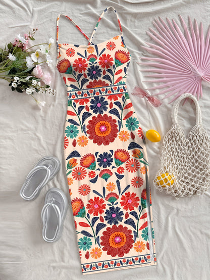 Damen Midikleid mit Blumenmuster und Spaghettiträgern – Boho Sommerkleid für Freizeit & Urlaub