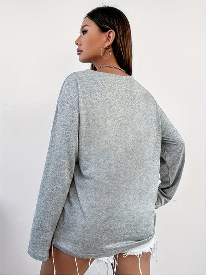 Graues Langarmshirt Damen mit V-Ausschnitt und "08"-Print