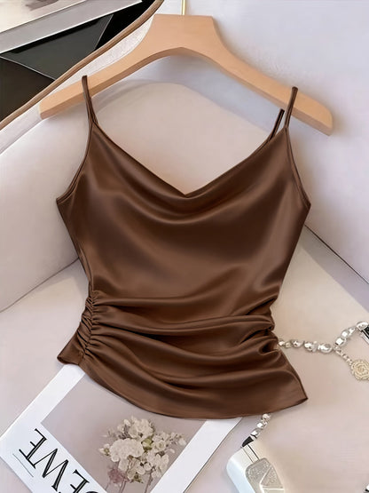 Damen Satin-Camisole mit Wasserfallausschnitt und Raffungen – Elegantes Oberteil für Abend und Party