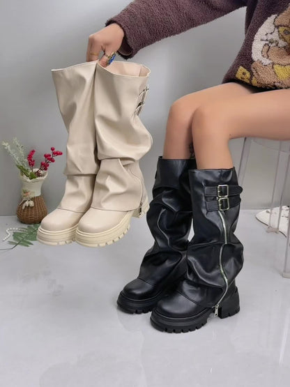 Damen Stiefel chunky Sohle seitlicher Reißverschluss Schnallen kniehoch Schwarz Beige