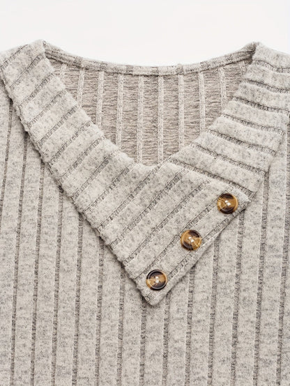 Damen Rippstrick Etuikleid mit V-Ausschnitt und Knöpfen Beige