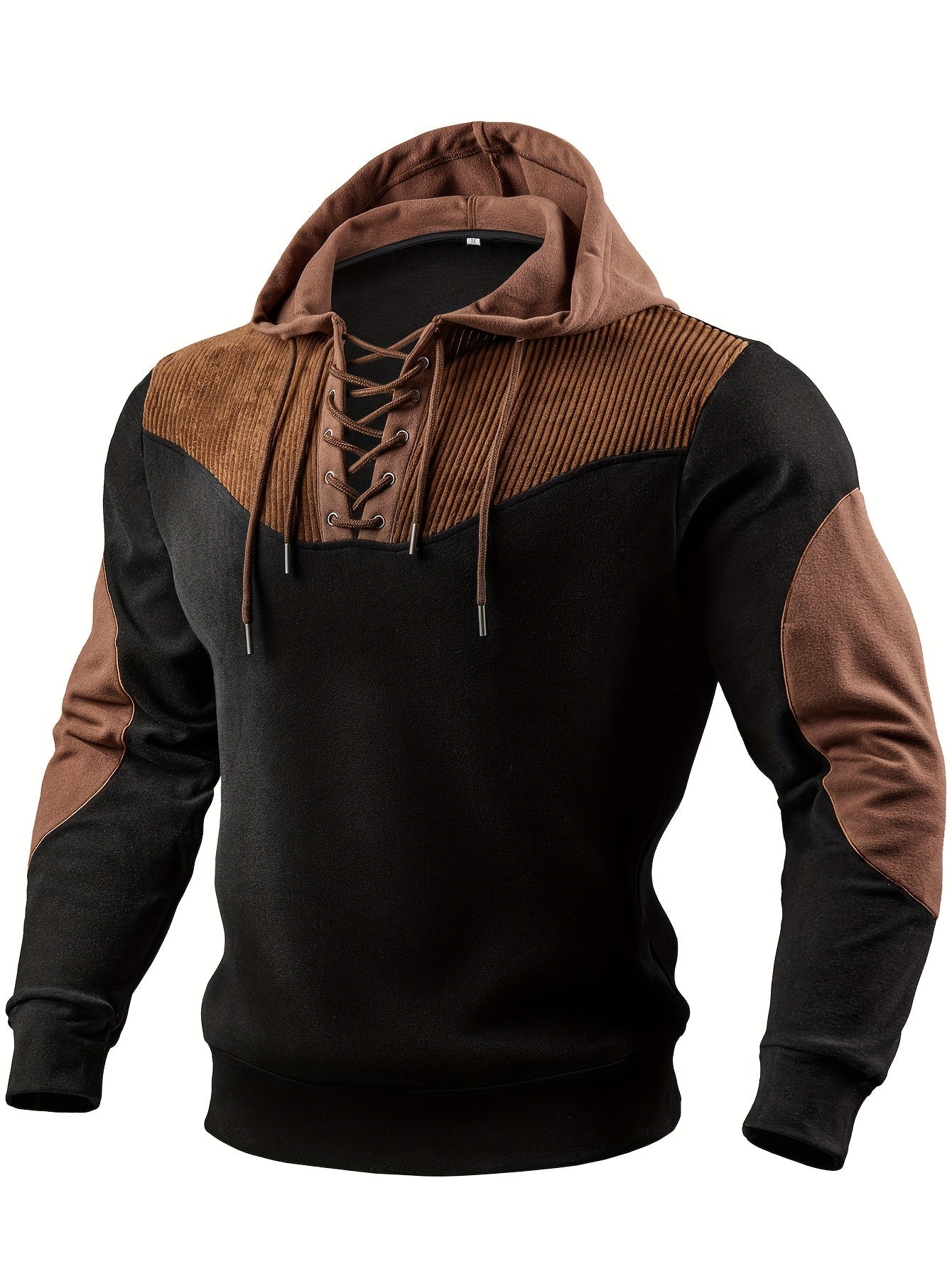 Herren Hoodie Schnürung Schwarz Braun Kapuzenpullover Patchwork