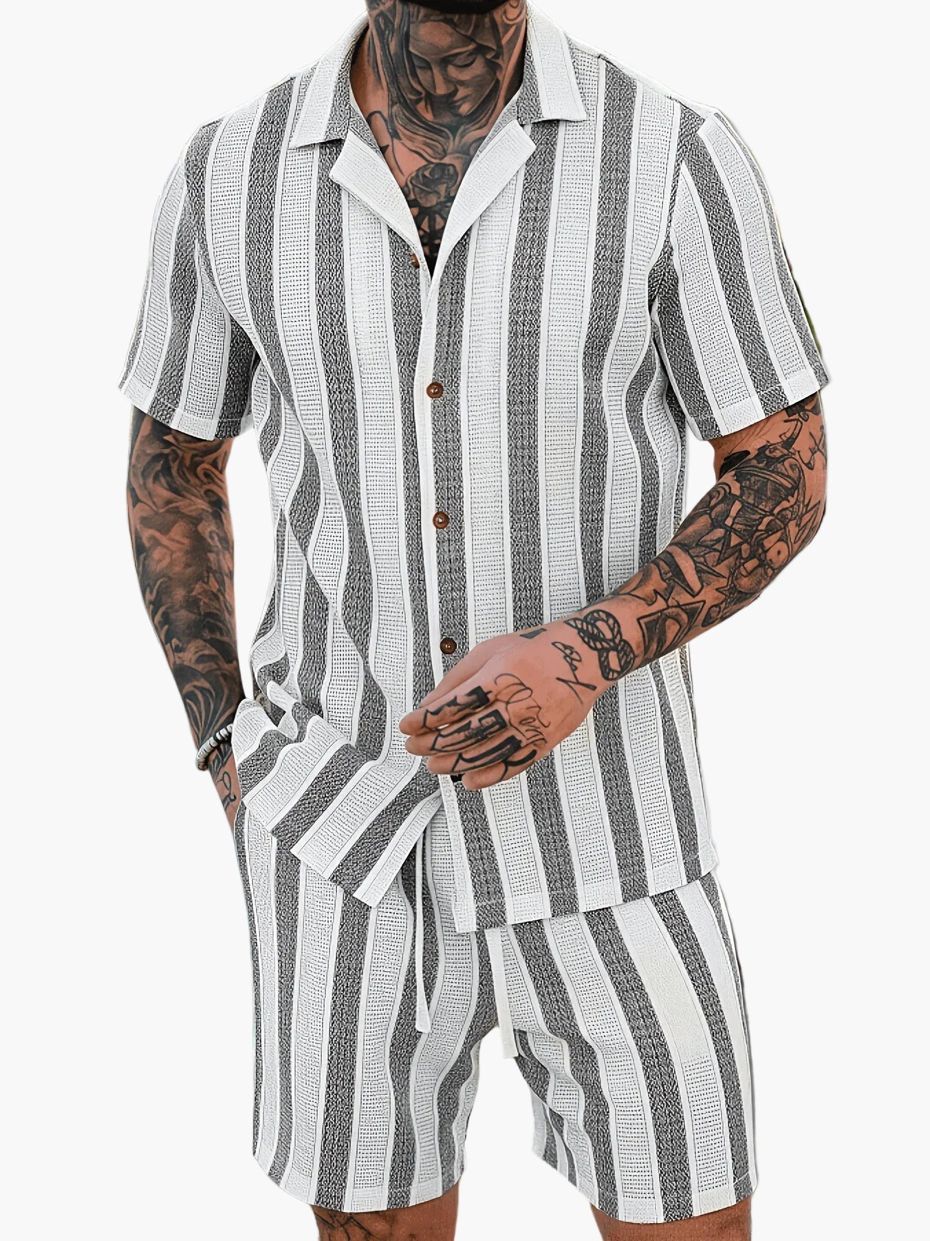Herren Set Kurzarmhemd und Shorts im lässigen Streifen-Design für Sommer und Freizeit