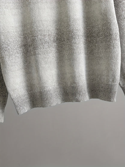 Herren Strickpullover Rundhals Grau-Weiß Gestreift Langarm