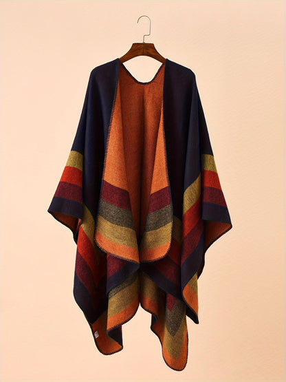 Damen Poncho mit Blockstreifen Wendbar