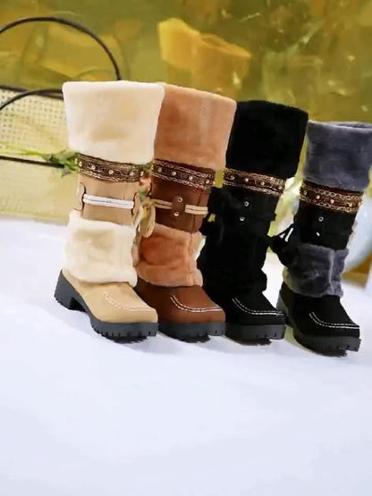 Winter Stiefel Damen mit Fellbesatz & dekorativen Bändern, braun/schwarz