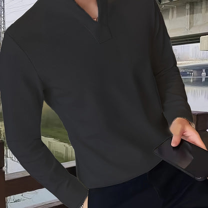 Herren Langarmshirt Henley Kragen Gerippt Weiß Freizeitshirt