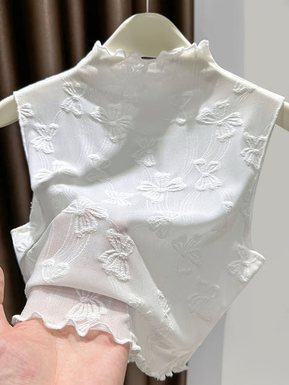 Damen Spitzen-Top mit Stehkragen und floraler Stickerei – Elegantes, ärmelloses Layering-Shirt