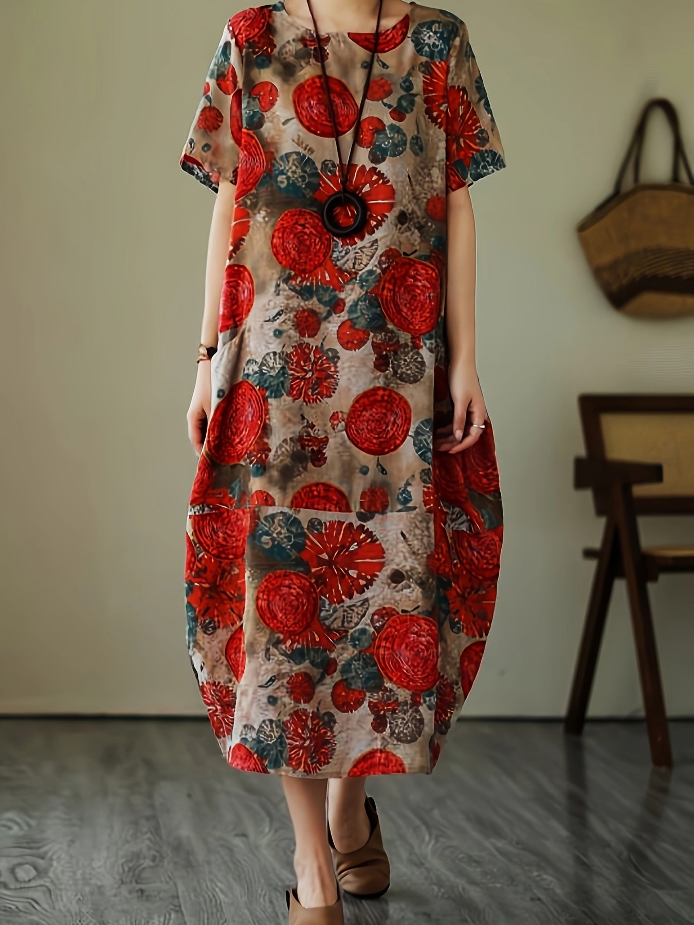 Damen Freizeitkleid mit geometrischem und botanischem Muster, lockerer Oversize-Stil, ideal für Alltag und Freizeit