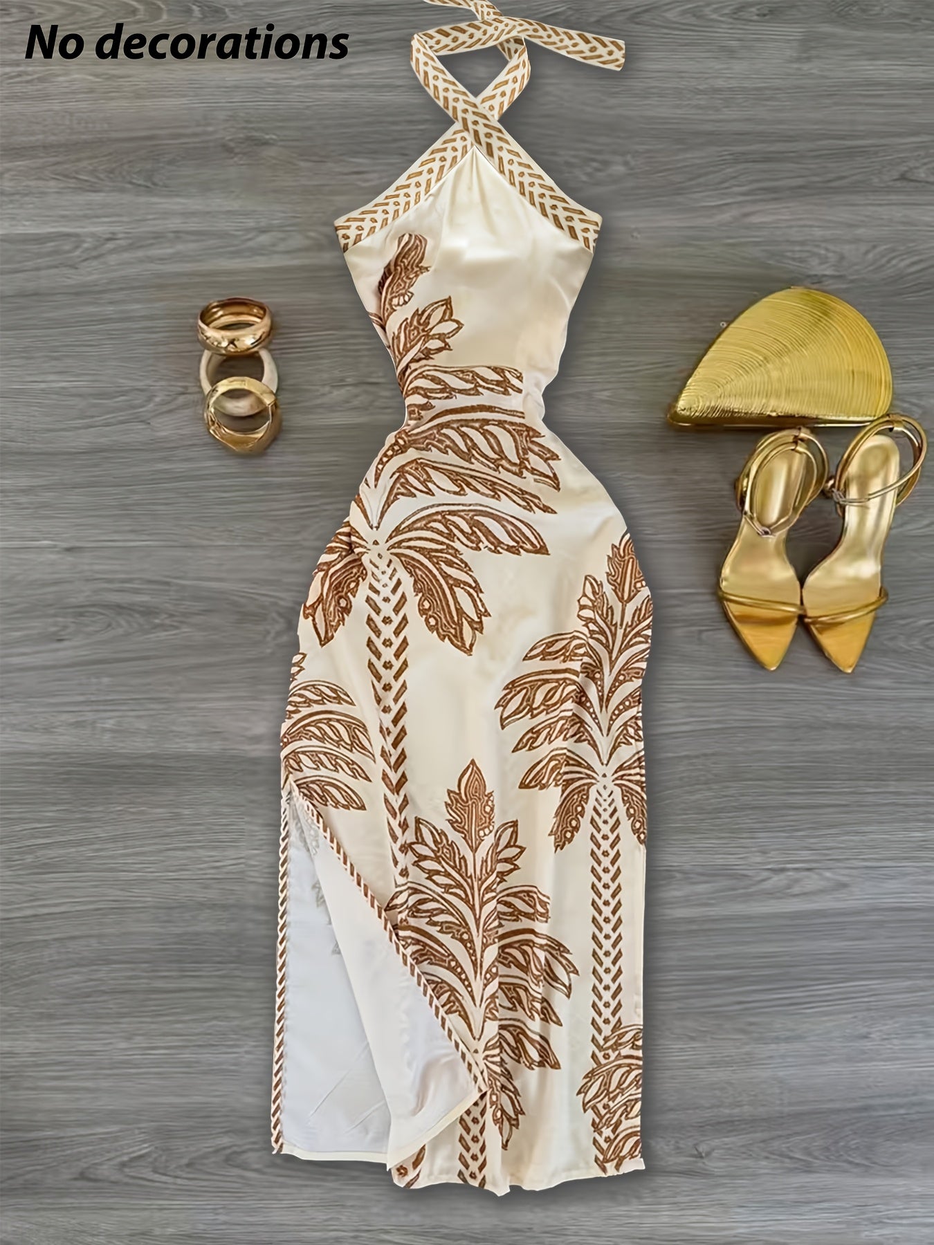 Damen Elegantes Neckholder Kleid mit Palmenmuster und Schlitz – Perfekt für Abendveranstaltungen