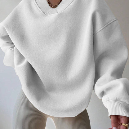Damen Oversize Sweatshirt V-Ausschnitt Langarm Weiß