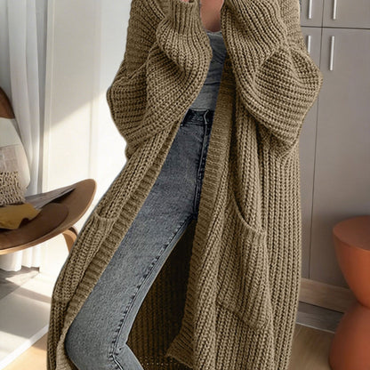 Damen Oversize Strick-Cardigan Lang Offene Front mit Taschen – Lässiger Streetstyle