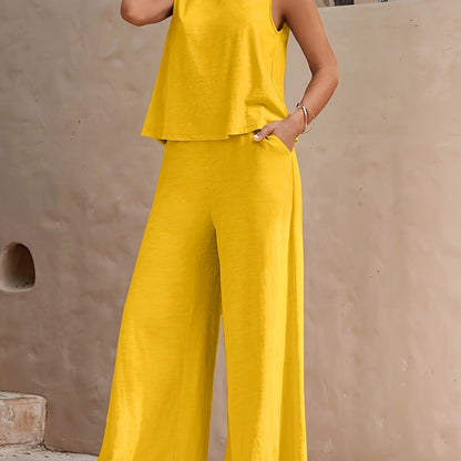 Damen Sommer Zweiteiler Set – Weites Bein & Ärmelloses Top, Lässiger Freizeit-Look