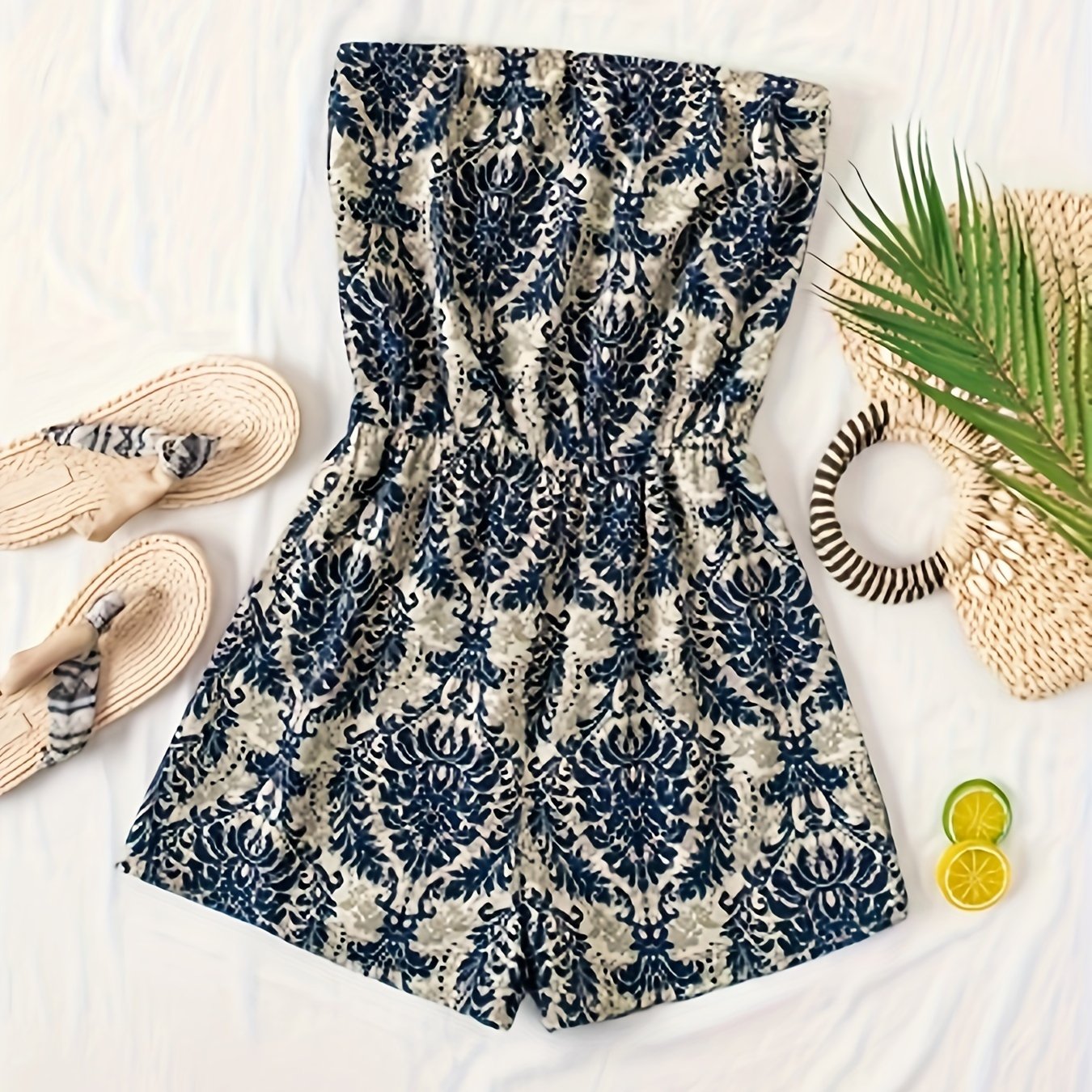 Damen Jumpsuit Bandeau Kurz Einteiler mit Damastmuster – Eleganter Sommer Overall für Urlaub & Freizeit