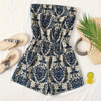 Damen Jumpsuit Bandeau Kurz Einteiler mit Damastmuster – Eleganter Sommer Overall für Urlaub & Freizeit