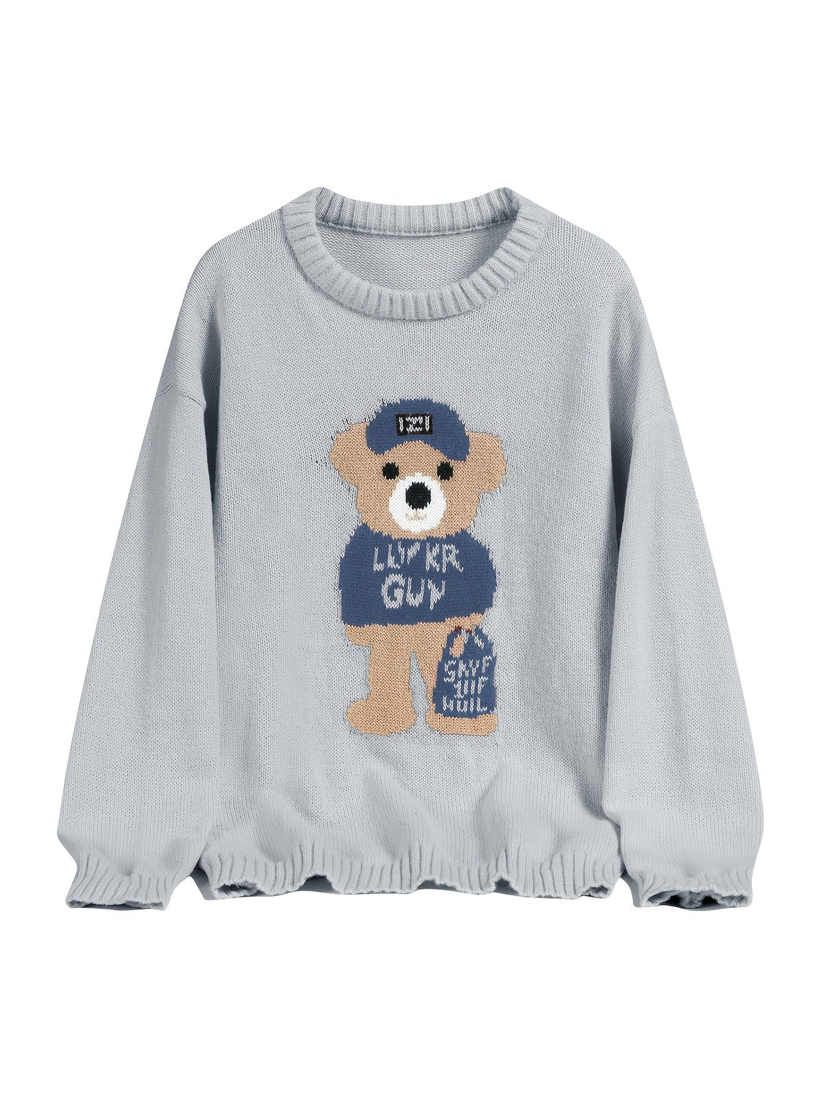 Unisex Strickpullover mit Teddybär-Muster Rundhalsausschnitt Langarm