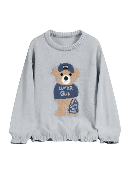 Unisex Strickpullover mit Teddybär-Muster Rundhalsausschnitt Langarm