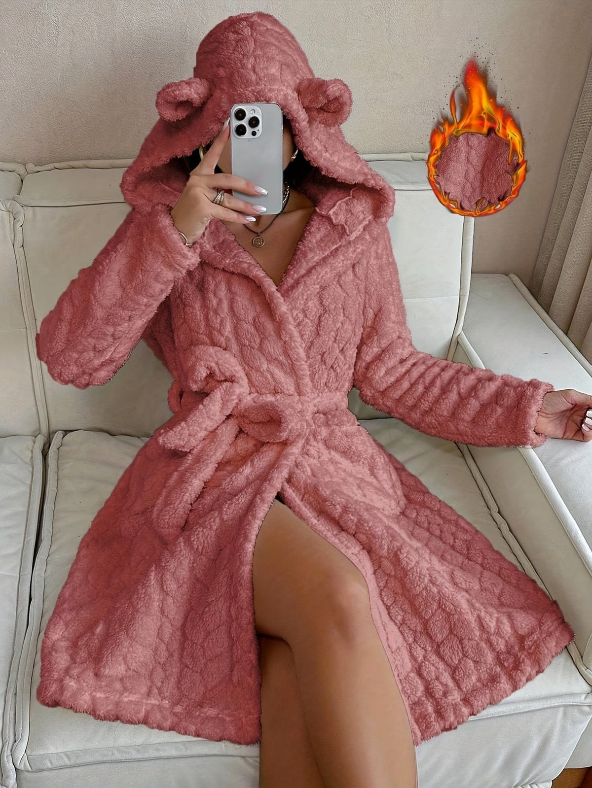 Damen Bademantel Flauschig mit Kapuze & Ohren Bindegürtel Langarm