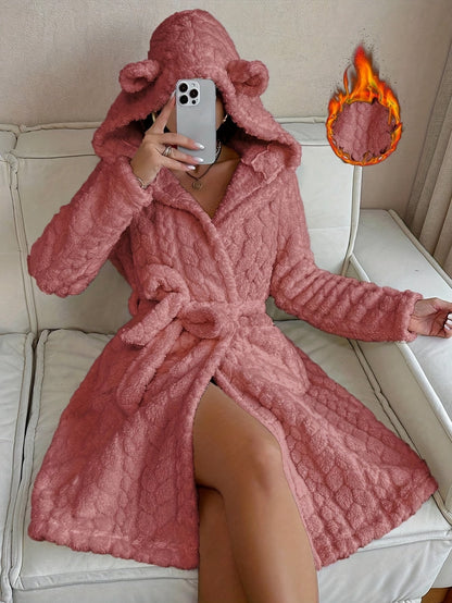 Damen Bademantel Flauschig mit Kapuze & Ohren Bindegürtel Langarm