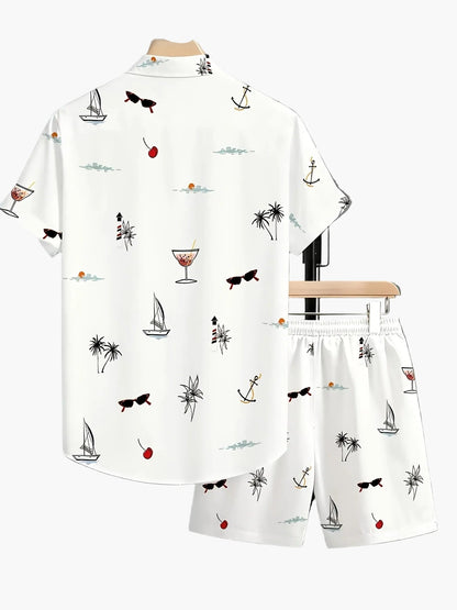Herren Sommer Set – Kurzarm Hemd und Shorts mit maritimen Print, Freizeit Outfit für Urlaub und Strand