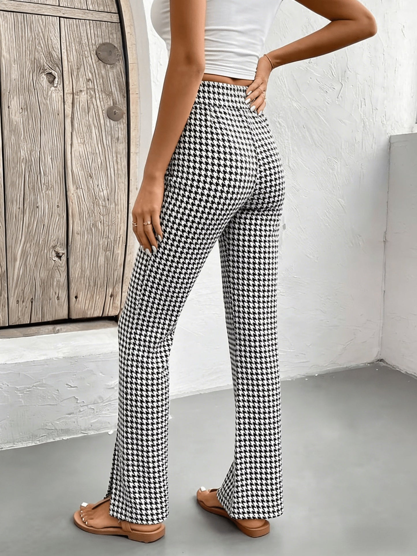 Damen Elegante Hahnentritt Schlaghose mit Schlitz für Freizeit und Ausgehen