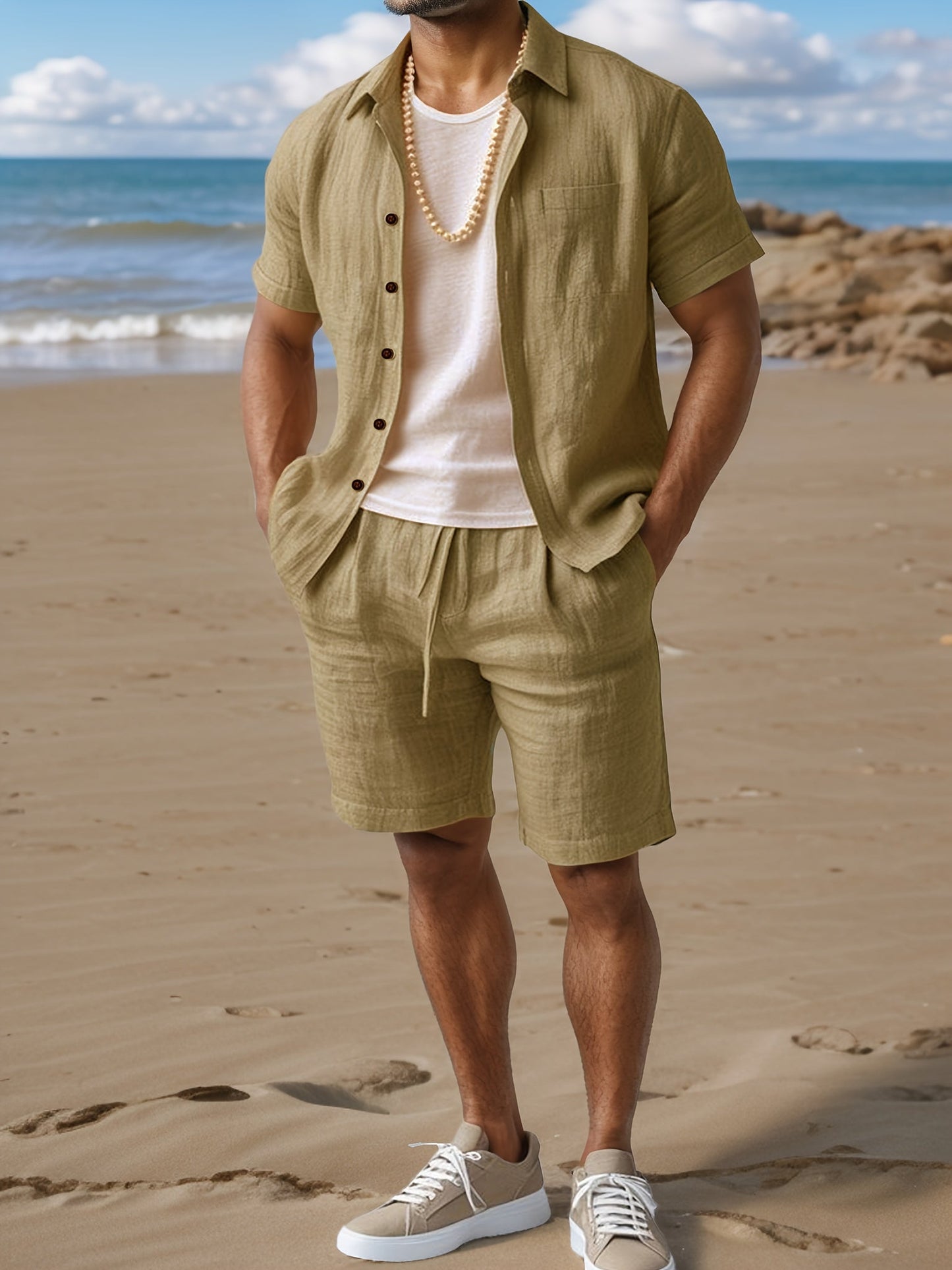 Herren Leinen-Look Strand Outfit Set – Kurzarm Hemd & Shorts, Lässig Sommer Boho