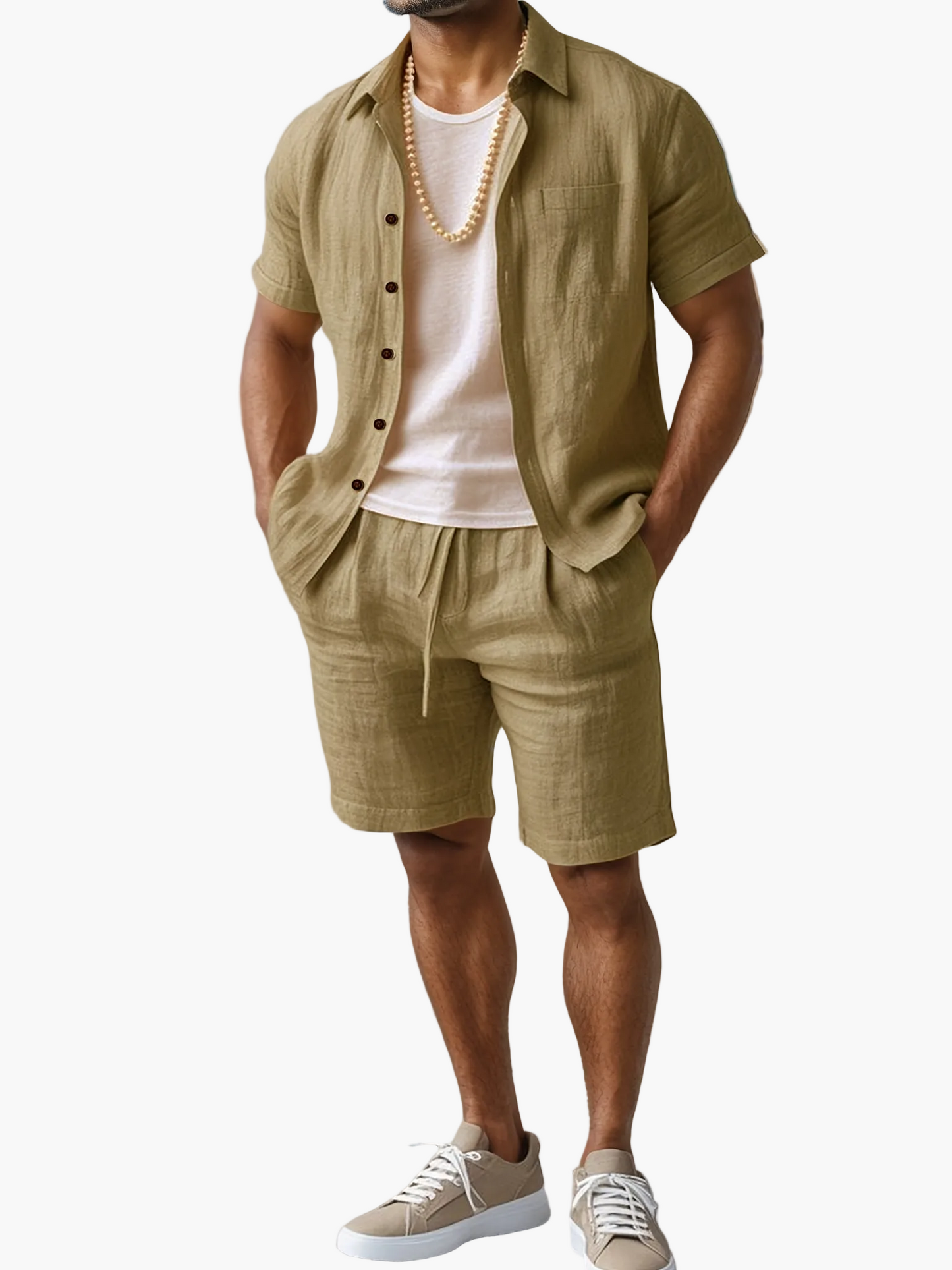 Herren Leinen-Look Strand Outfit Set – Kurzarm Hemd & Shorts, Lässig Sommer Boho