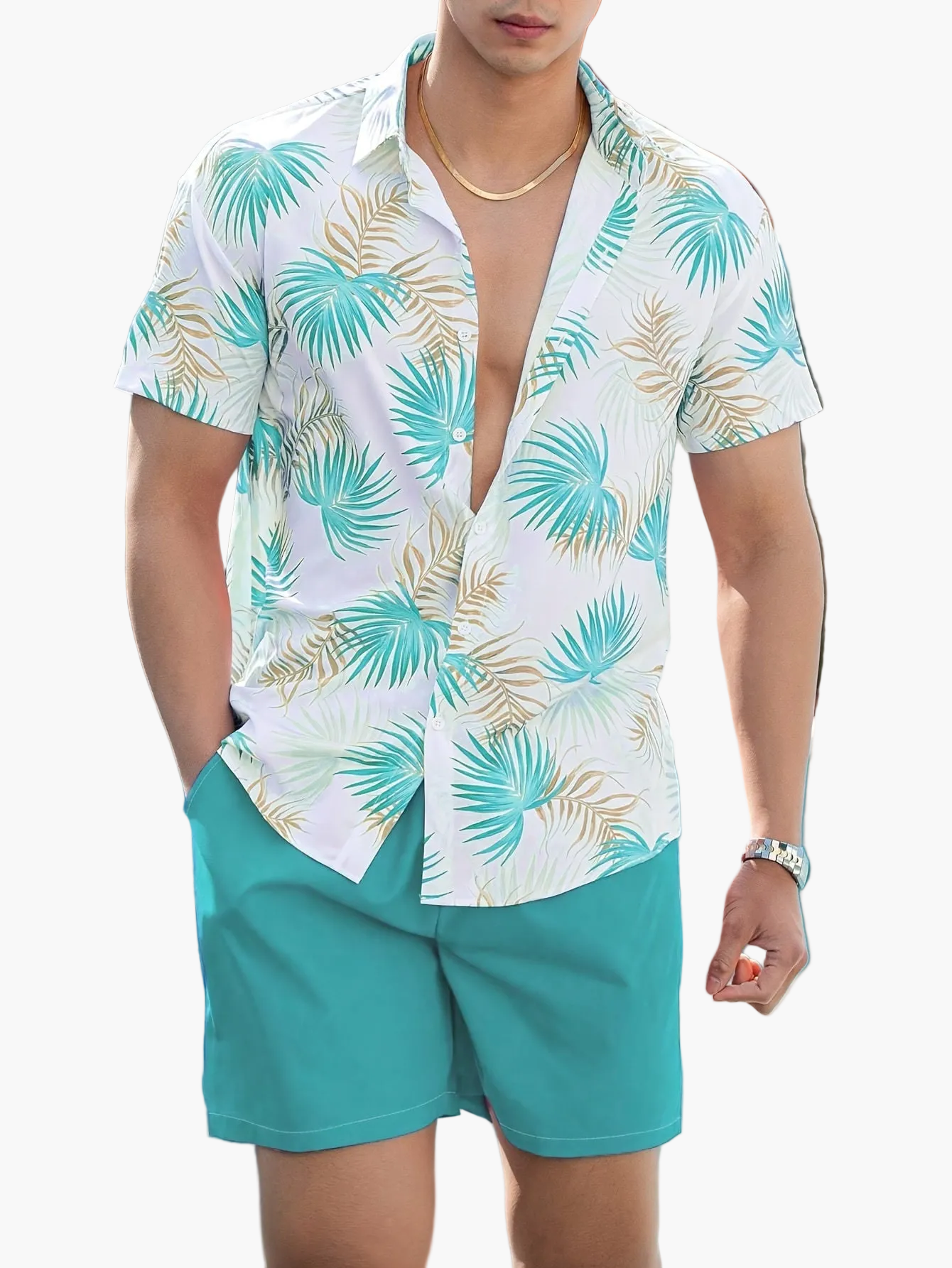Herren Sommer Strand Set – Kurzarm Hemd und Shorts im tropischen Print, modisch & leger
