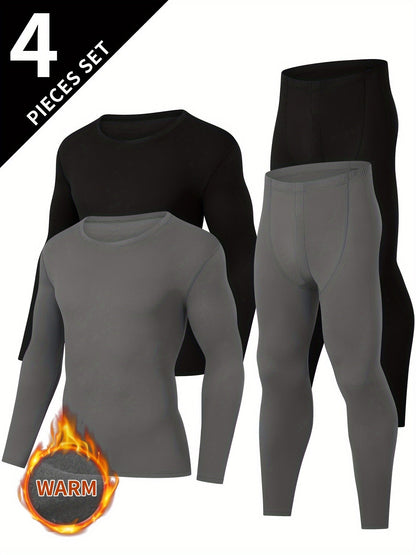 Thermo Unterwäsche Set für Herren, Langarmshirt & Lange Hose, 4-teilig Schwarz & Grau