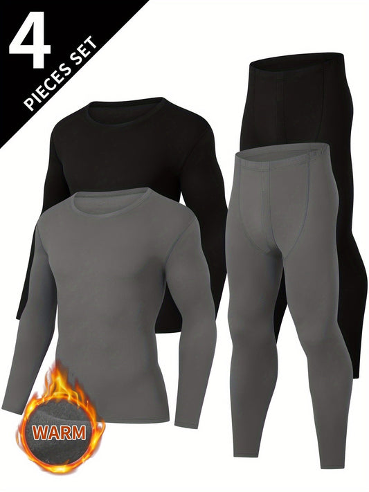 Thermo Unterwäsche Set für Herren, Langarmshirt & Lange Hose, 4-teilig Schwarz & Grau