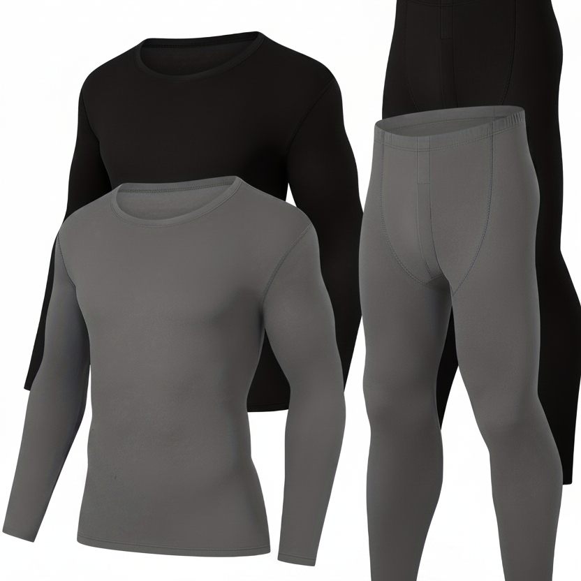 Thermo Unterwäsche Set für Herren, Langarmshirt & Lange Hose, 4-teilig Schwarz & Grau
