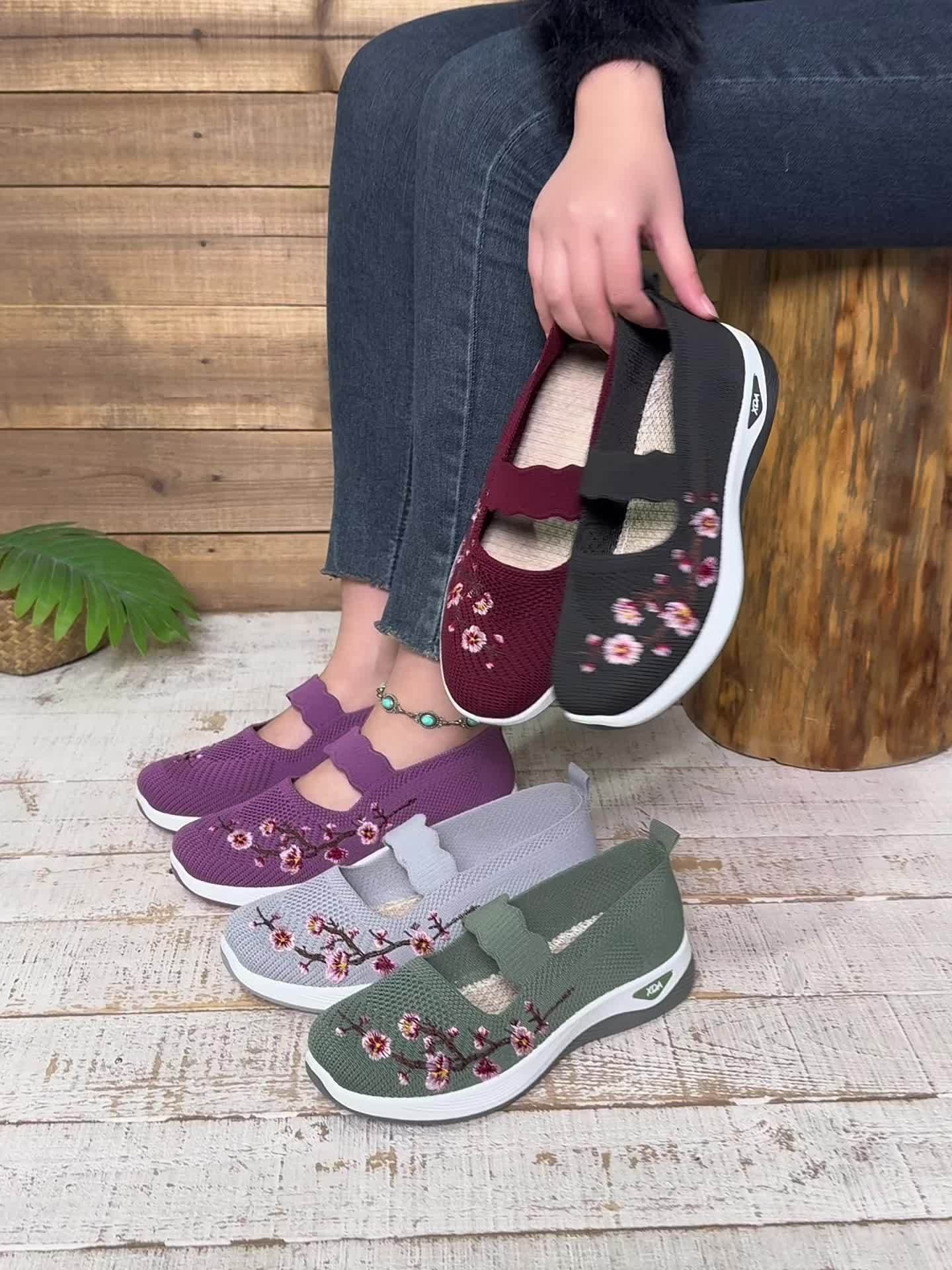 Damen Komfort-Sneaker mit floraler Stickerei und Klettverschluss – Bequeme Freizeitschuhe für Alltag und Spaziergänge