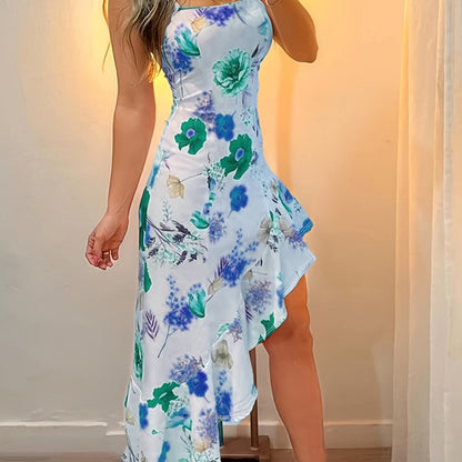 Damen Asymmetrisches Midi-Kleid mit Blumenmuster und Rüschen – Elegantes Partykleid