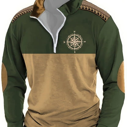 Herren Halbarm-Pullover mit Reißverschluss, Kompass-Motiv & Ellbogen-Patches, Zweifarbig