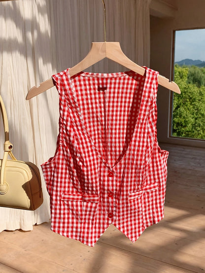 Damen Karierte Weste im Vintage-Stil – Eleganter Sommer Look für Freizeit & Alltag
