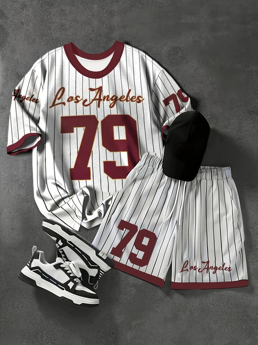 Herren Sportset Los Angeles 79 – Streetstyle Pinstripe Outfit mit Shirt, Shorts, Cap und Sneakers