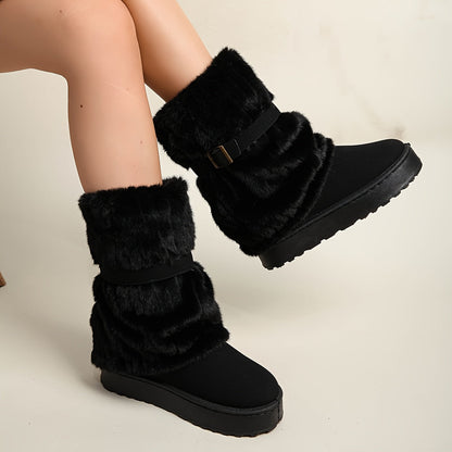 Damen Winterstiefeletten mit Kunstfell und Schnalle, Fesselhoch