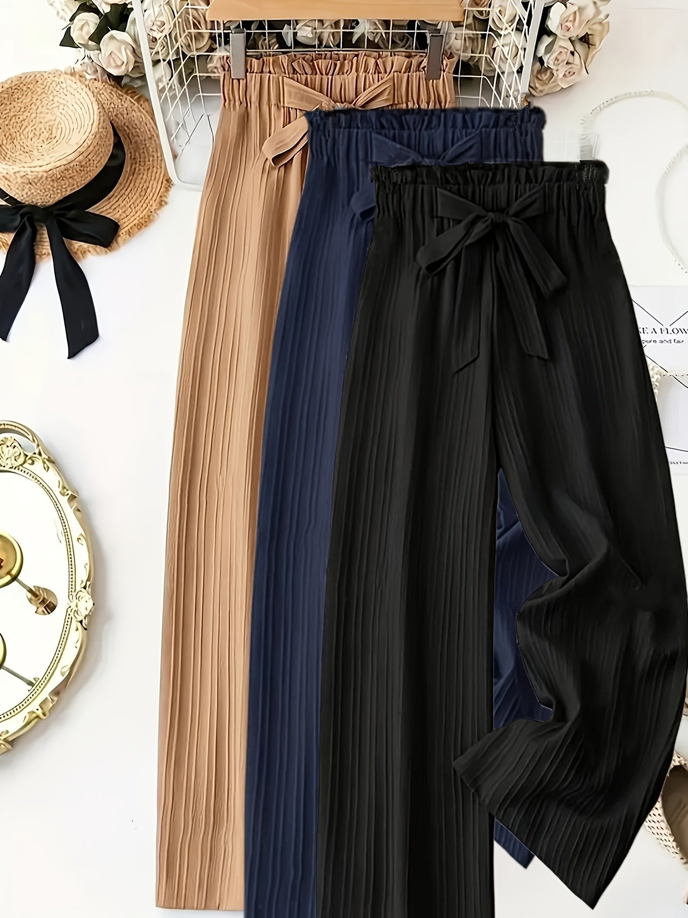 Damen Elegante Weitbein-Hose mit Schleife und Plissee – Perfekt für Freizeit und Büro