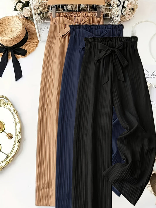 Damen Elegante Weitbein-Hose mit Schleife und Plissee – Perfekt für Freizeit und Büro