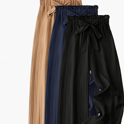 Damen Elegante Weitbein-Hose mit Schleife und Plissee – Perfekt für Freizeit und Büro