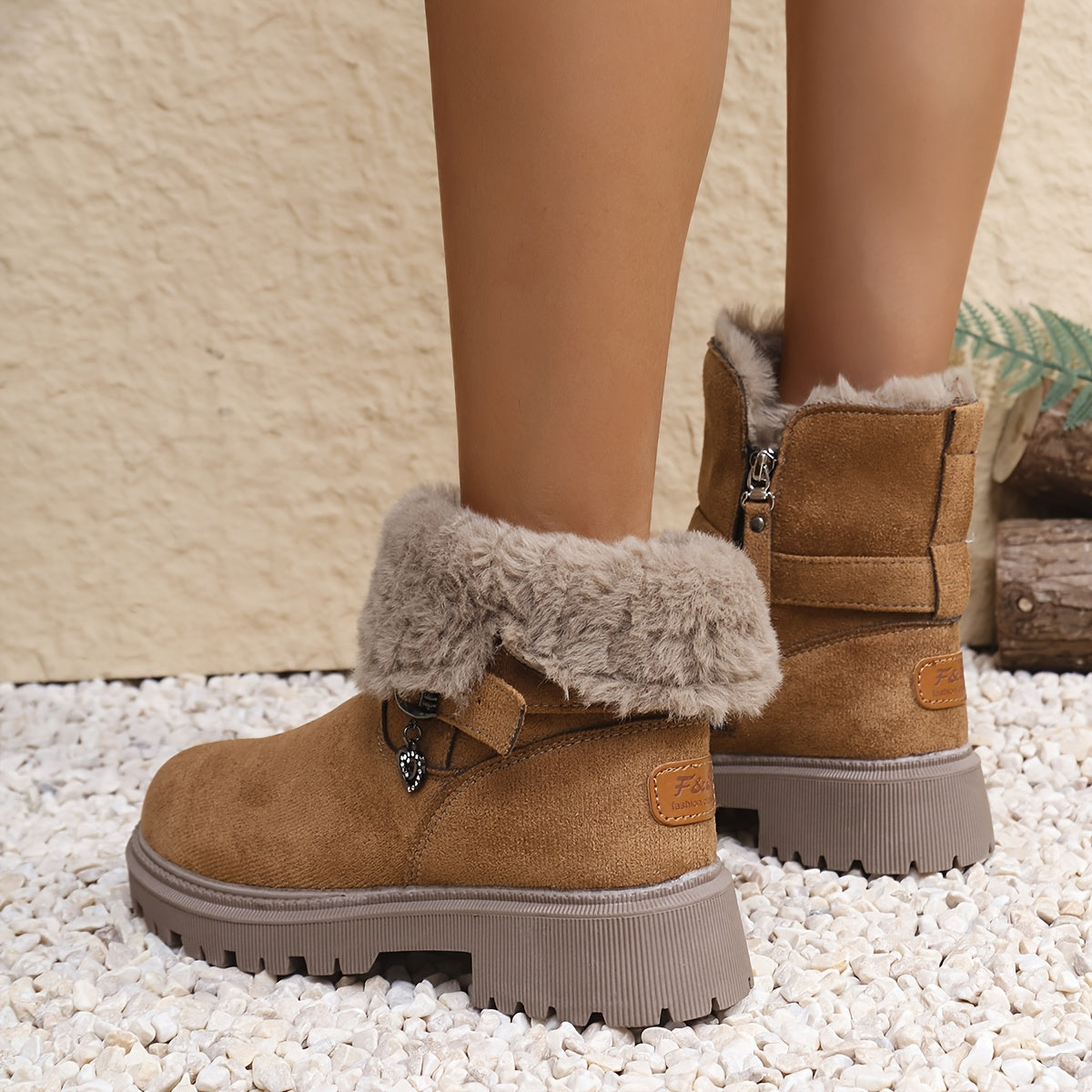 Damen Stiefeletten Hellbraun mit Fellfutter und Profilsohle