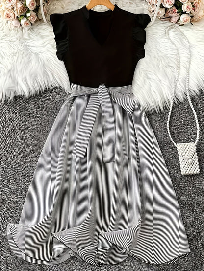 Damen Kleid Elegant Gestreift mit Gürtel und Rüschenärmeln – Perfekt für Alltag und besondere Anlässe