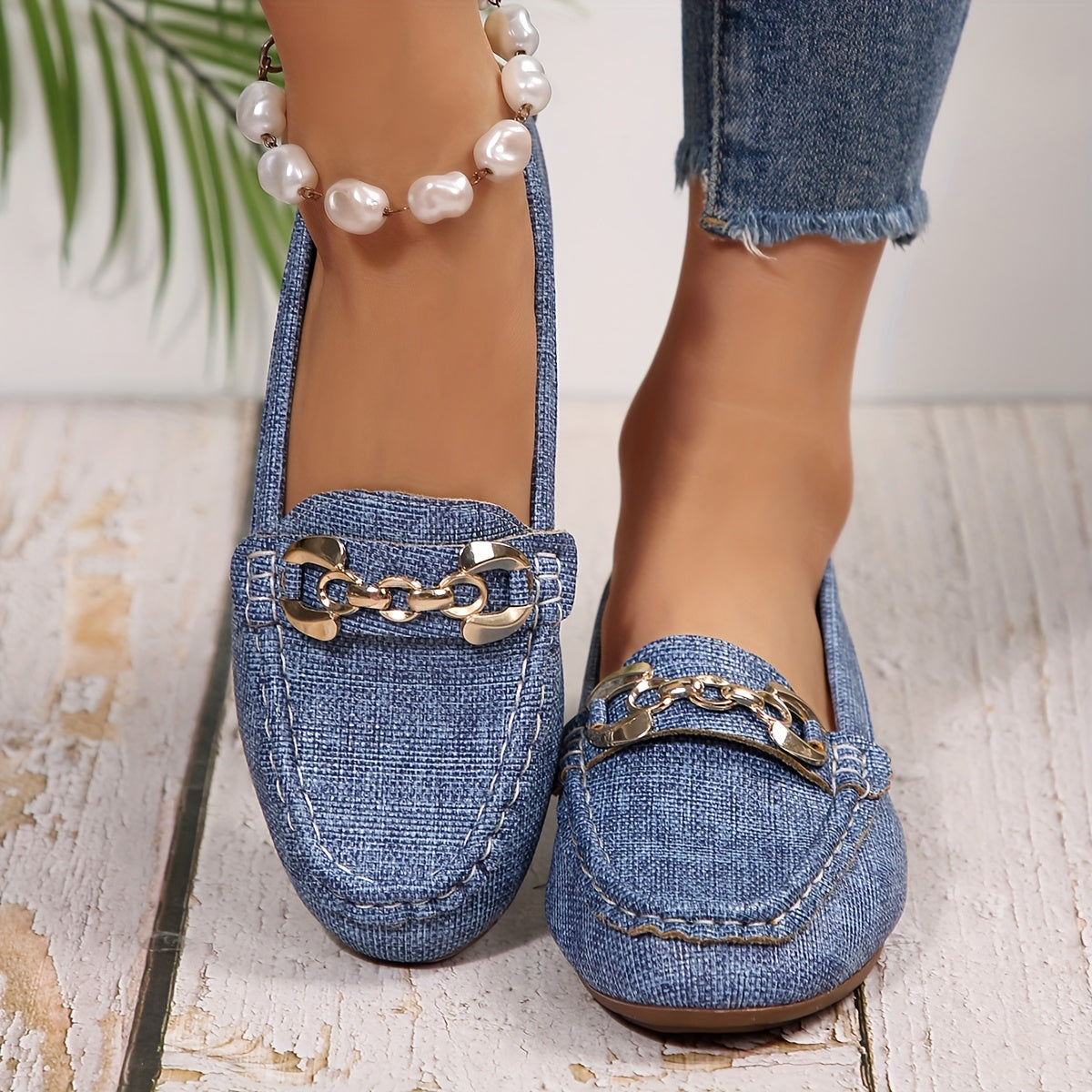 Damen Mokassins im Loafer-Stil mit Ketten-Detail – Stilvolle bequeme Freizeitschuhe für Alltag und Büro