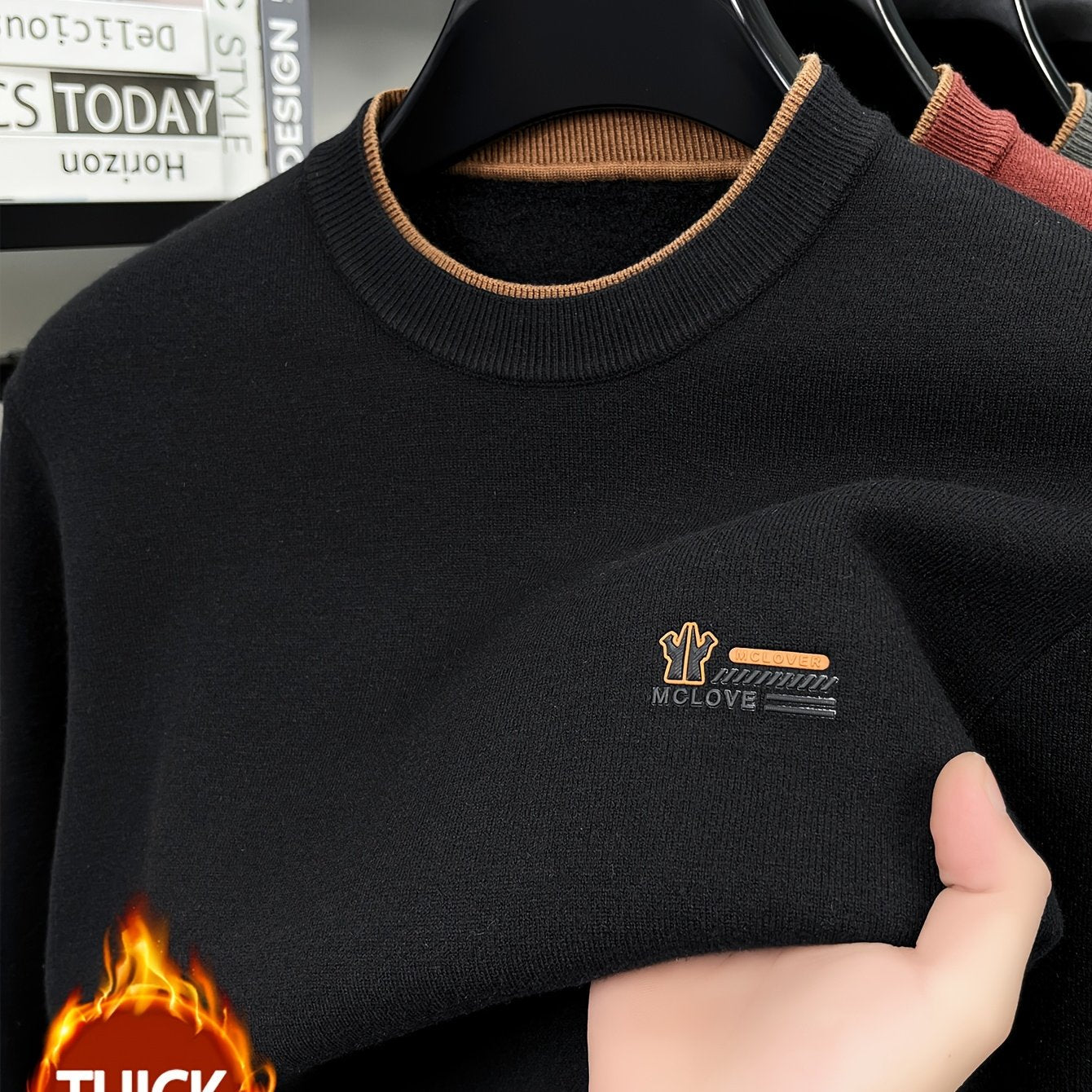 Herren Pullover Rundhals Langarm Strickpullover Warmgefüttert mit Rippbündchen