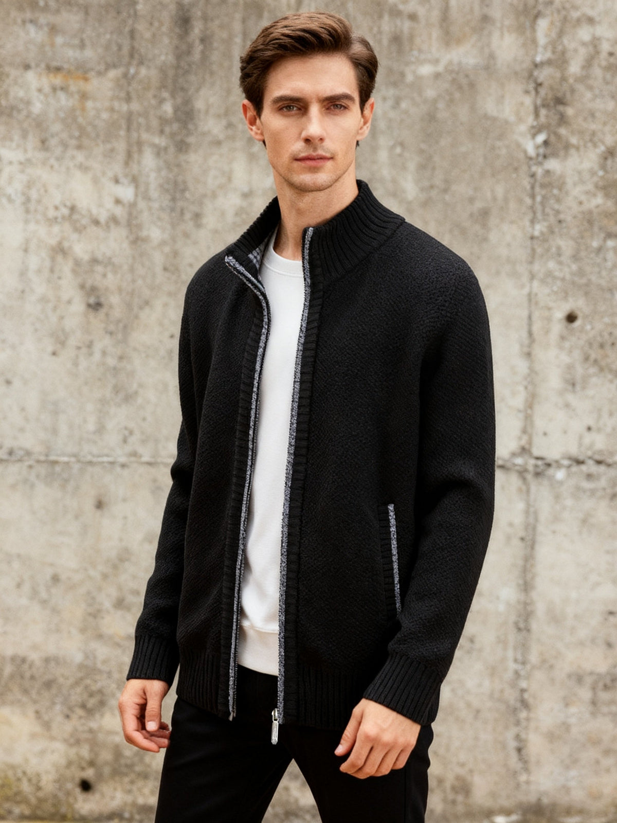 Herren Strickjacke mit Reißverschluss Stehkragen und Taschen meliert