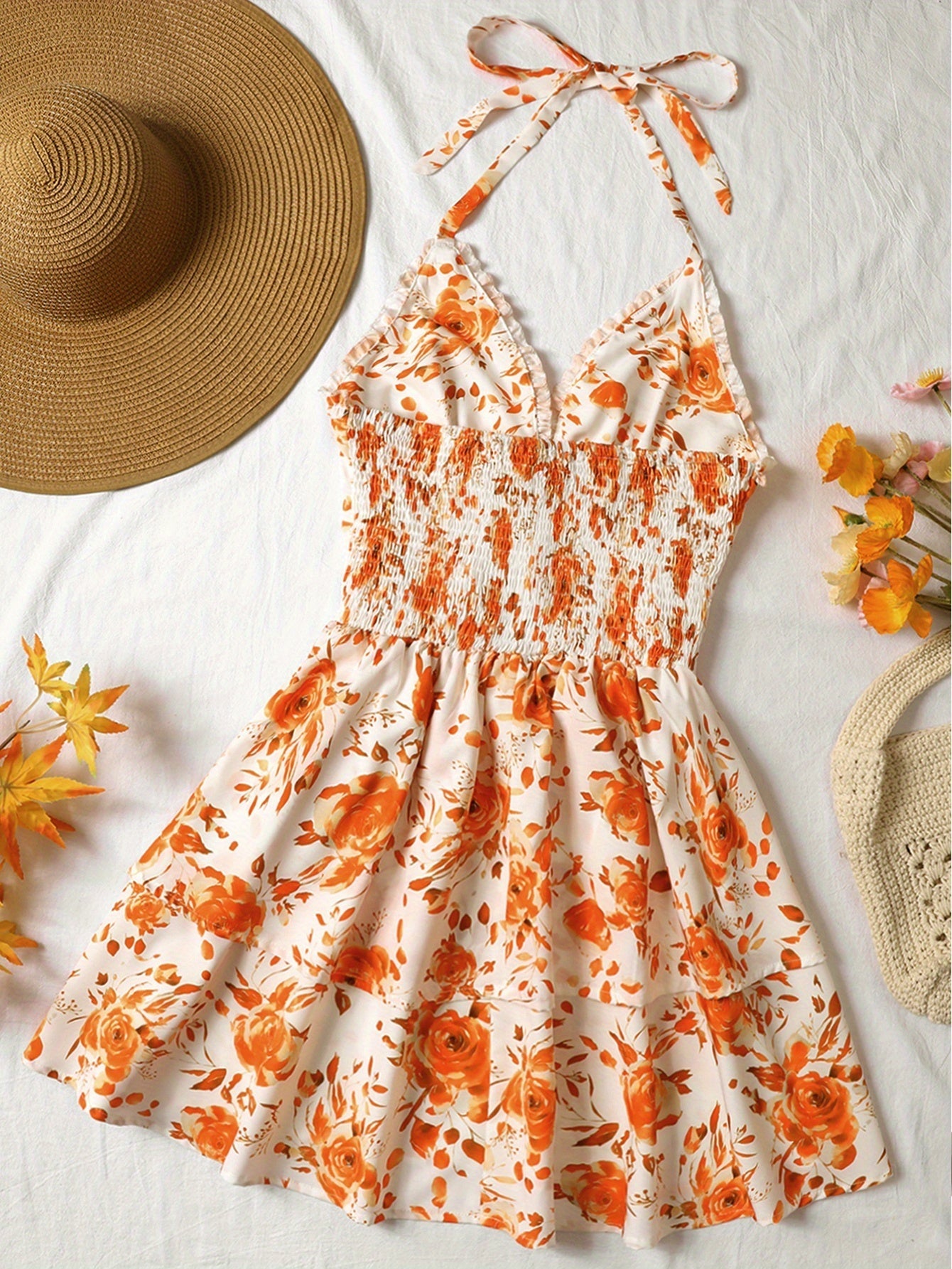 Damen Volant-Minikleid mit Rosenmuster und Schnürung – Sommer, Elegant, Festlich