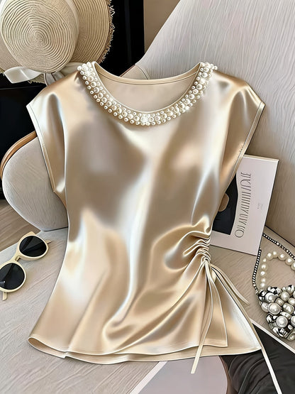 Damen Elegante Bluse mit Perlenkragen und Raffungsdetail – Stilvolles Kurzarm-Oberteil für festliche Anlässe oder Büro