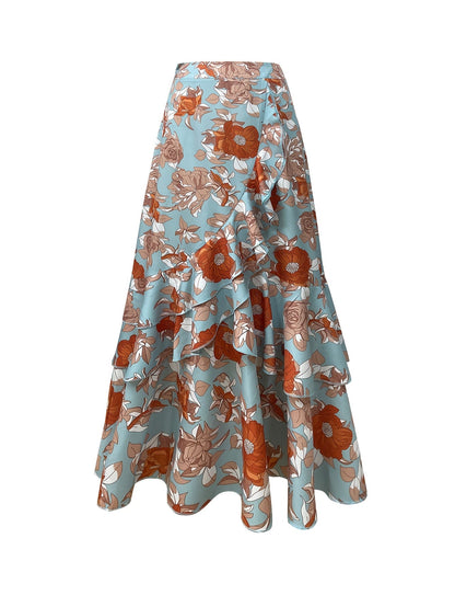 Damen Maxirock mit Blumenmuster und Volant-Details – Eleganter Wickelrock für festliche Anlässe